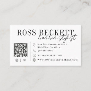 Tarjeta De Visita Código QR Blanco Negro Moderno Barber Estilista