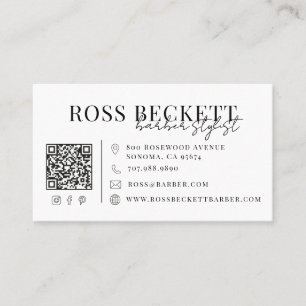 Tarjeta De Visita Código QR blanco negro moderno barbero