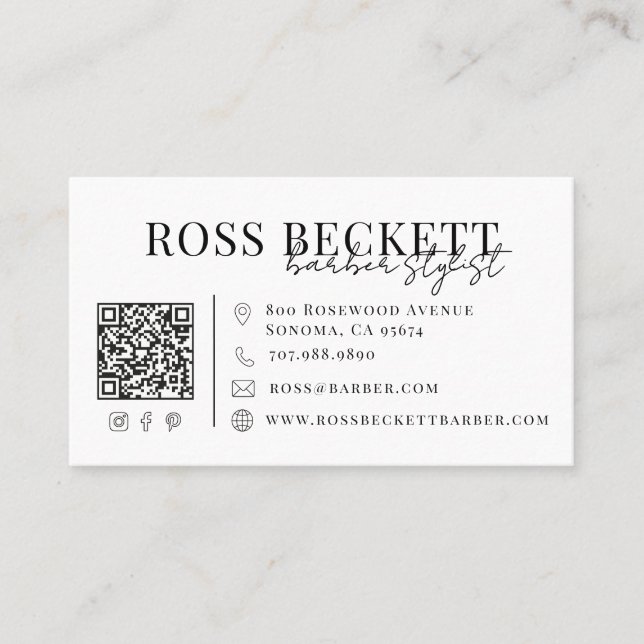 Tarjeta De Visita Código QR blanco negro moderno barbero (Anverso)