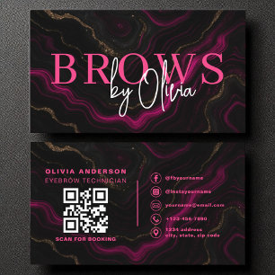 Tarjeta De Visita Código QR ceño Artista Brows Mármol Negro Rosa