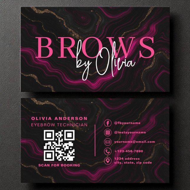 Tarjeta De Visita Código QR ceño Artista Brows Mármol Negro Rosa (Subido por el creador)