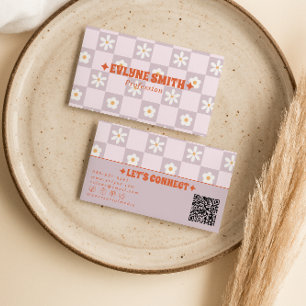 Tarjeta De Visita Código QR Colorido Retro a Cuadros Floral Divertid
