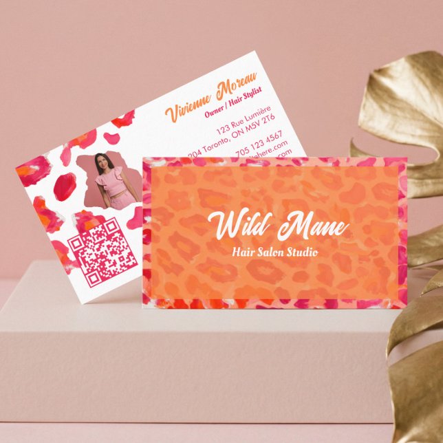 Tarjeta De Visita Código QR con estampado de leopardo guepardo naran (Bold Pink Orange Cheetah Leopard Print QR Code Business Card)