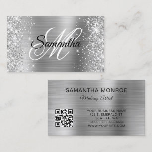 Tarjeta De Visita Código QR con Monograma de Papel de Plata Brillant