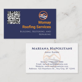 Tarjeta De Visita Código QR Contratista de Techos Azul Oro Blanco