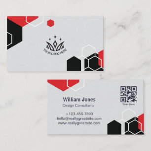 Tarjeta De Visita Código QR Corporativo Geométrico Hexágono Rojo y N