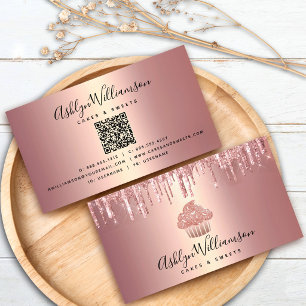 Tarjeta De Visita Código QR Cupcake Rosa Dorado Brillo Goteo Panader