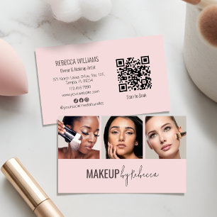 Tarjeta De Visita Código QR de 3 Fotos de Maquillaje Moderno Rosa So