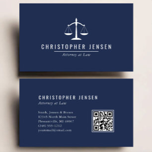 Tarjeta De Visita Código QR de Abogado Azul Marino Blanco Escalas Si