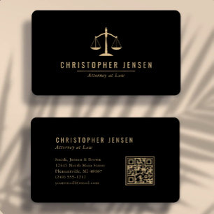 Tarjeta De Visita Código QR de Abogado Escalas Negras Doradas Redond