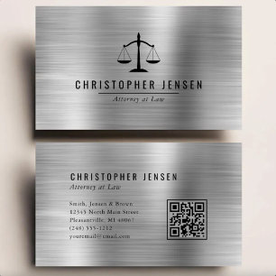 Tarjeta De Visita Código QR de Abogado Escalas Negras Metal Cepillad