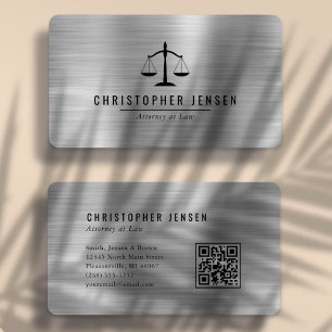 Tarjeta De Visita Código QR de Abogado Escalas Negras Plata Redondea