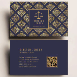 Tarjeta De Visita Código QR de abogado patrón damasco azul oscuro do