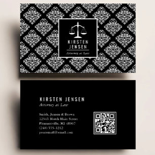 Tarjeta De Visita Código QR de Abogado Patrón de Damasco Negro Blanc