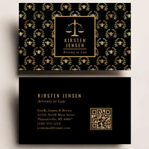 Tarjeta De Visita Código QR de Abogado Patrón de Laurel y Abeja Negr