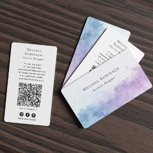 Tarjeta De Visita Código QR de Acuarela Ahumada Azul y Púrpura Moder
