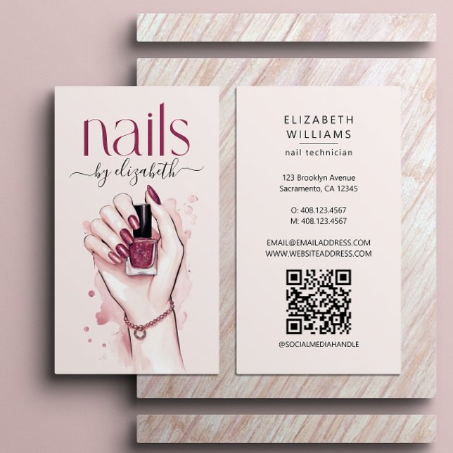Tarjeta De Visita Código QR de acuarela de Nail Technician (Subido por el creador)