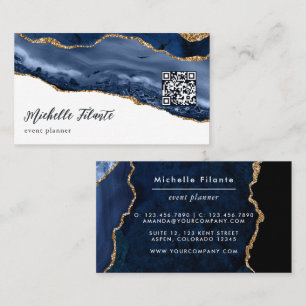 Tarjeta De Visita Código QR de Ágata Dorada y Azul Marino