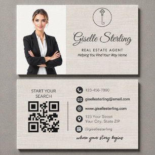 Tarjeta De Visita Código QR de agente inmobiliario de lino elegante 
