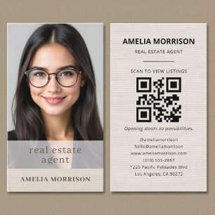 Tarjeta De Visita Código QR de agente inmobiliario de lino Foto 