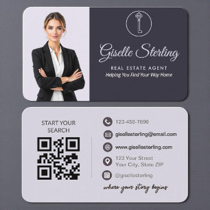 Tarjeta De Visita Código QR de agente inmobiliario elegante púrpura