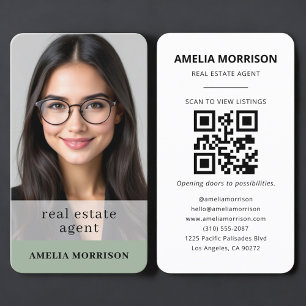 Tarjeta De Visita Código QR de agente inmobiliario en verde salvia c