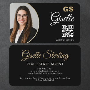 Tarjeta De Visita Código QR de Agente Inmobiliario Foto Negro Oro