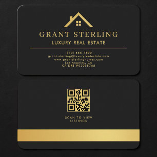 Tarjeta De Visita Código QR de Agente Inmobiliario Negro Oro