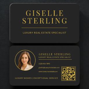 Tarjeta De Visita Código QR de Agente Inmobiliario Negro Oro