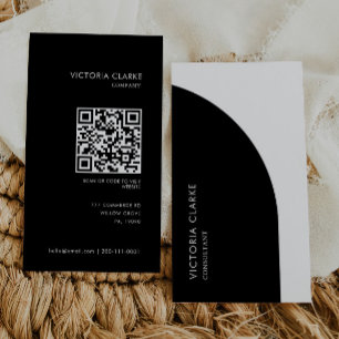 Tarjeta De Visita Código Qr de arco blanco y negro vertical consulto