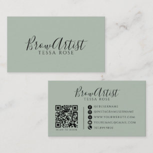 Tarjeta De Visita Código QR de Artista de Cejas Verde Sage