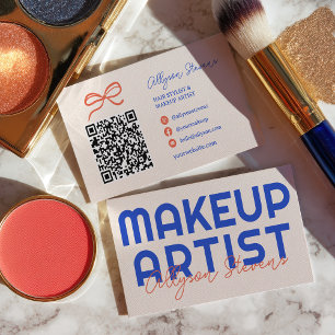 Tarjeta De Visita Código QR de Artista de Maquillaje Retro Azul Nara