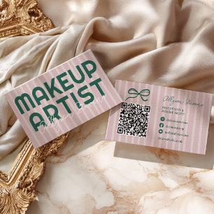 Tarjeta De Visita Código QR de Artista de Maquillaje Verde con Raya