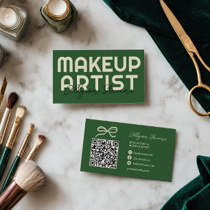 Tarjeta De Visita Código QR de artista de maquillaje verde retro neg