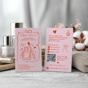 Tarjeta De Visita Código QR de artista de uñas con doodles rosados r