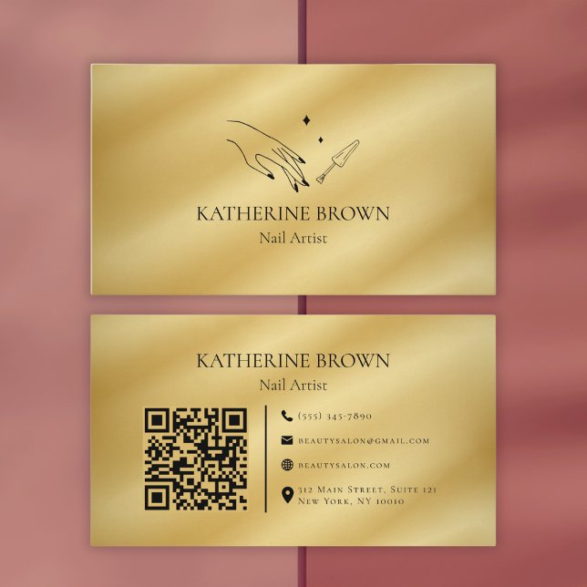 Tarjeta De Visita Código QR De Artista De Uñas De Oro Para Profesion (Elegant Gold Nail Artist Business Card with QR Code for Professionals)