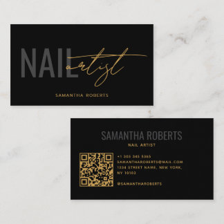 Tarjeta De Visita Código QR de artista de uñas moderno negro oro