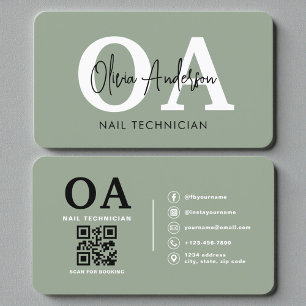 Tarjeta De Visita Código QR de artista de uñas verde salvia