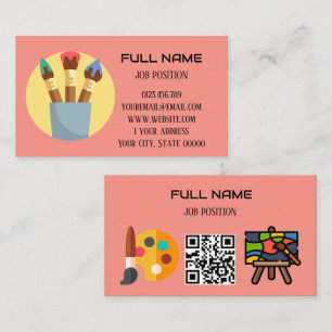 Tarjeta De Visita Código QR de Artista Moderno Coral Rosa Pincel