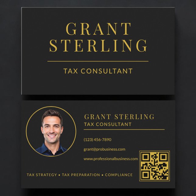 Tarjeta De Visita Código QR de Asesor Fiscal Negro Oro (Subido por el creador)