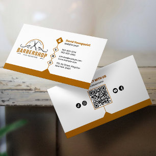 Tarjeta De Visita Código QR de Barbería Minimalista Blanco y Marrón 