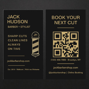 Tarjeta De Visita Código QR de Barbería Negro Oro Corte de Pelo de B