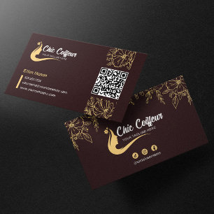 Tarjeta De Visita Código QR de Belleza de Estilista Floral Dorado Ma