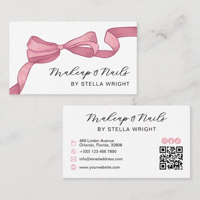 Tarjeta De Visita Código QR de belleza de lazo rosa Coquette (Anverso / Reverso)