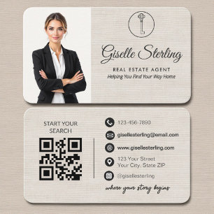 Tarjeta De Visita Código QR de bienes raíces de lino minimalista