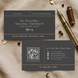 Tarjeta De Visita Código QR de bienes raíces de lujo negro elegante