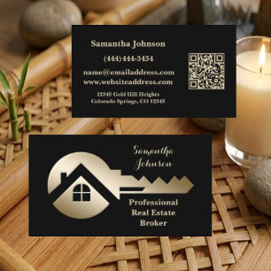 Tarjeta De Visita Código QR de bienes raíces elegante negro con llav