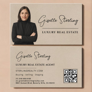 Tarjeta De Visita Código QR de bienes raíces Foto Beige Suede