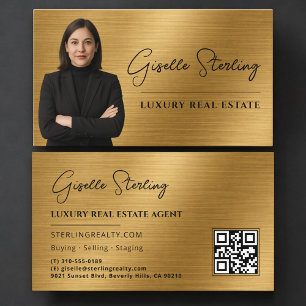 Tarjeta De Visita Código QR de bienes raíces Foto Metálico Dorado