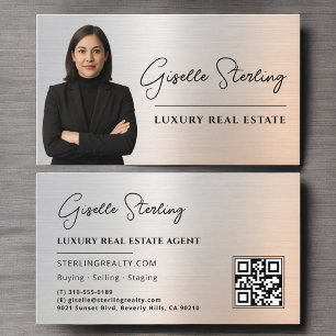 Tarjeta De Visita Código QR de bienes raíces Foto Platino Metálico